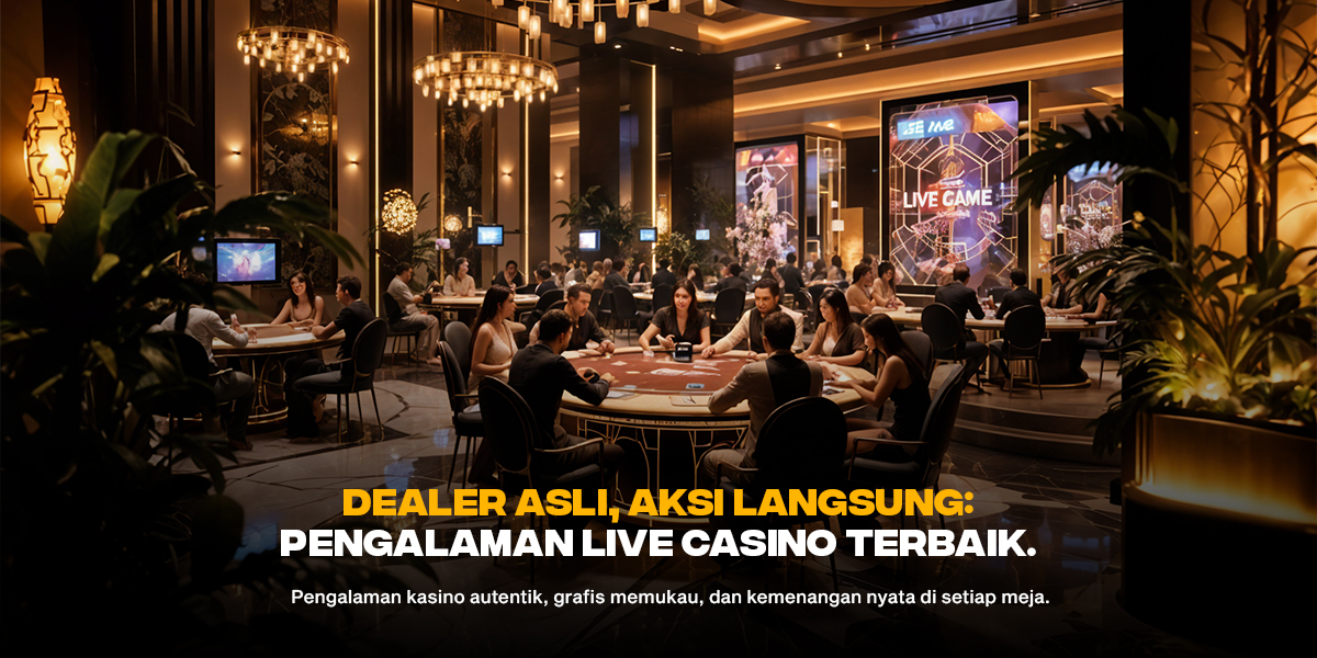 Suasana elegan kasino live dengan dealer asli dan pemain fokus di meja Poker Gaming Casino Hold’em.